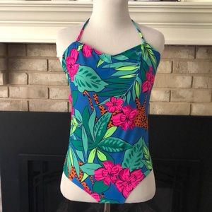 Aerie Tropical Floral Halter & Back Tie One Piece Swimsuit size Medium